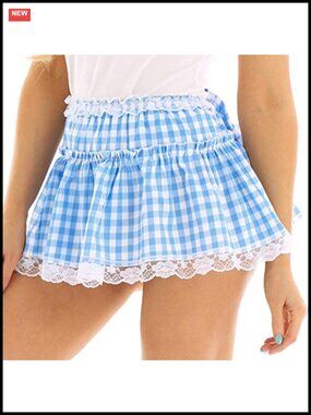 Women Frilly Lace Trim Plaid Mini Skirt Anime Gingham Cosplay Costume